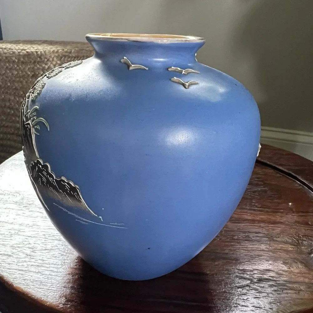 Moriyama Porcelain Vase Textured Bonsi Tree Blue‎ Japanese Ceramic Porcelain VTG